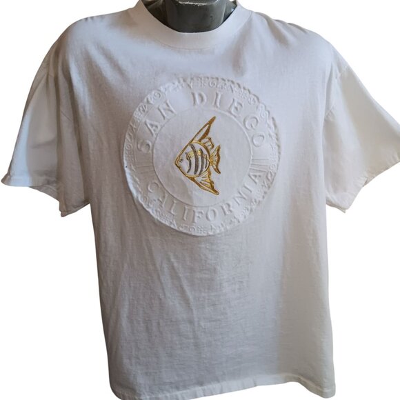 T-shirt XL Single Stitch Vintage 90s Mens 90s Embroidered Fish San Diego Oneita - Picture 1 of 6